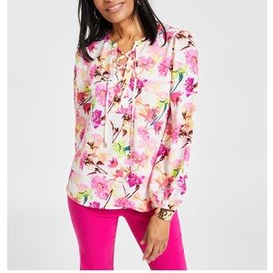 INC International Concepts Printed Floral Lace-up blouse, L